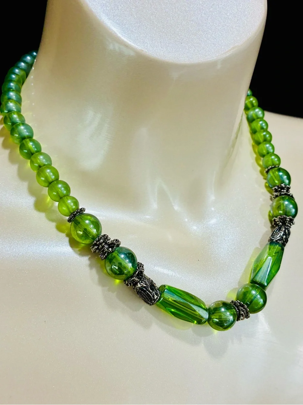 Vibrant Green Glass Bead Necklace with Silver-Tone Accents